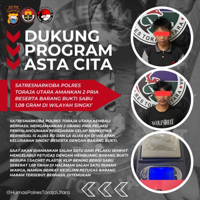 
Miliki 1,08 Gram Sabu, 2 Orang Pria Diamankan Satresnarkoba Polres Toraja Utara 