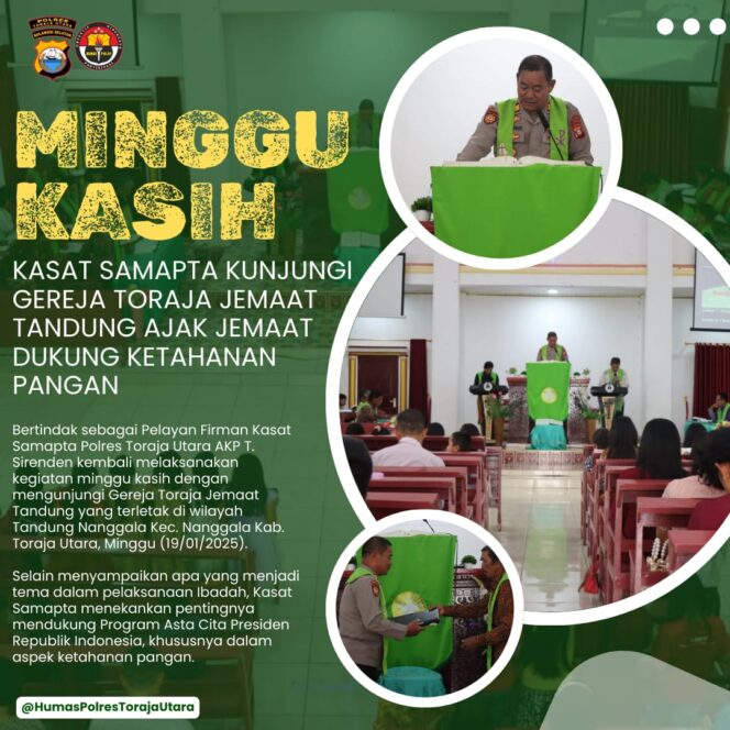 
Gelar Minggu Kasih, Kasat Samapta Kunjungi Gereja Toraja Jemaat Tandung Ajak Jemaat Dukung Ketahanan Pangan