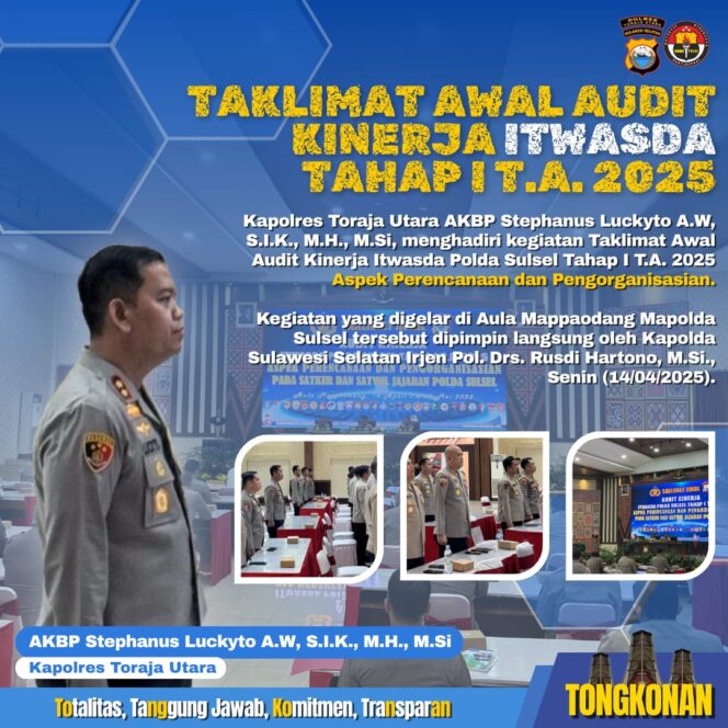
					Tingkatkan Kualitas Perencanaan dan Pengorganisasian, Kapolres Toraja Utara Hadiri Taklimat Awal Audit Kinerja Itwasda Tahap I T.A. 2025